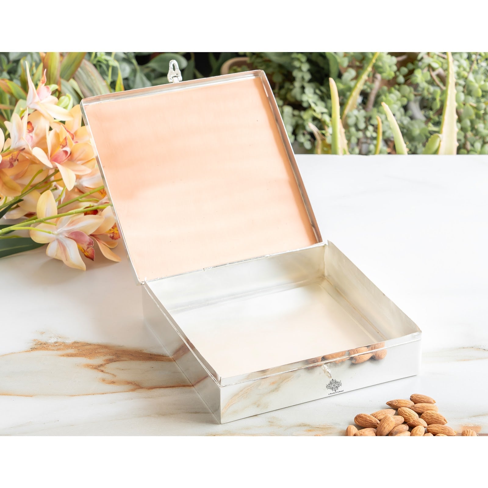 Silver Plated Copper Decorative Box with Ganesh Ji Mantra Design