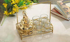 Handcrafted Pure Brass Shine Finish Design Tea Pot with Brass Stand with 4 Glass Tea Cup