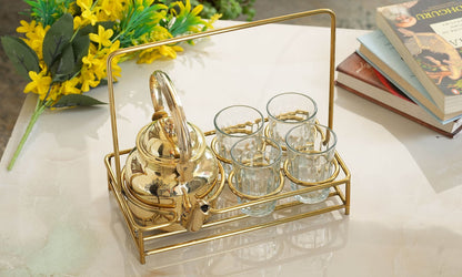 Handcrafted Pure Brass Shine Finish Design Tea Pot with Brass Stand with 4 Glass Tea Cup