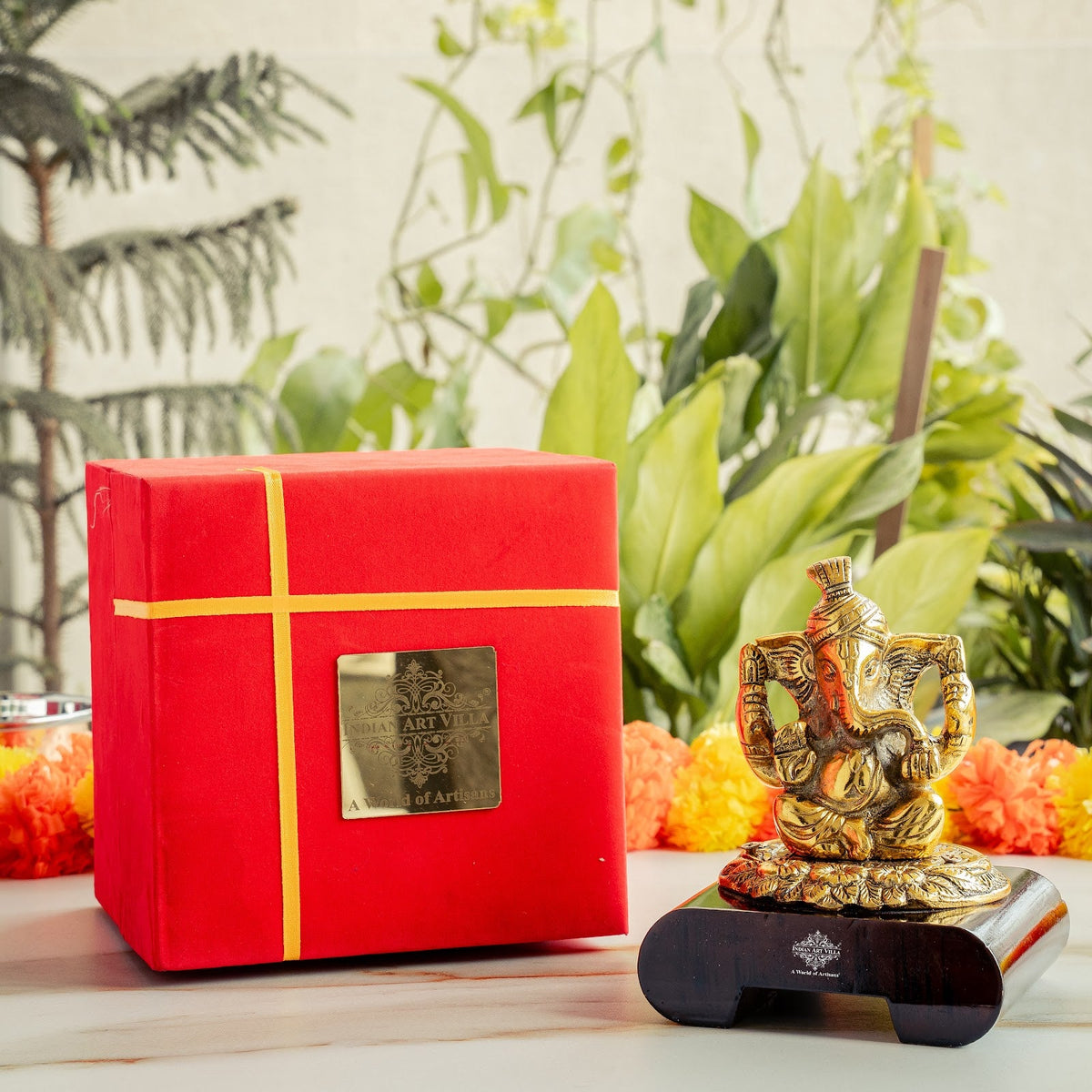 Brass Finish Ganesh Ji Murti with Wooden Base