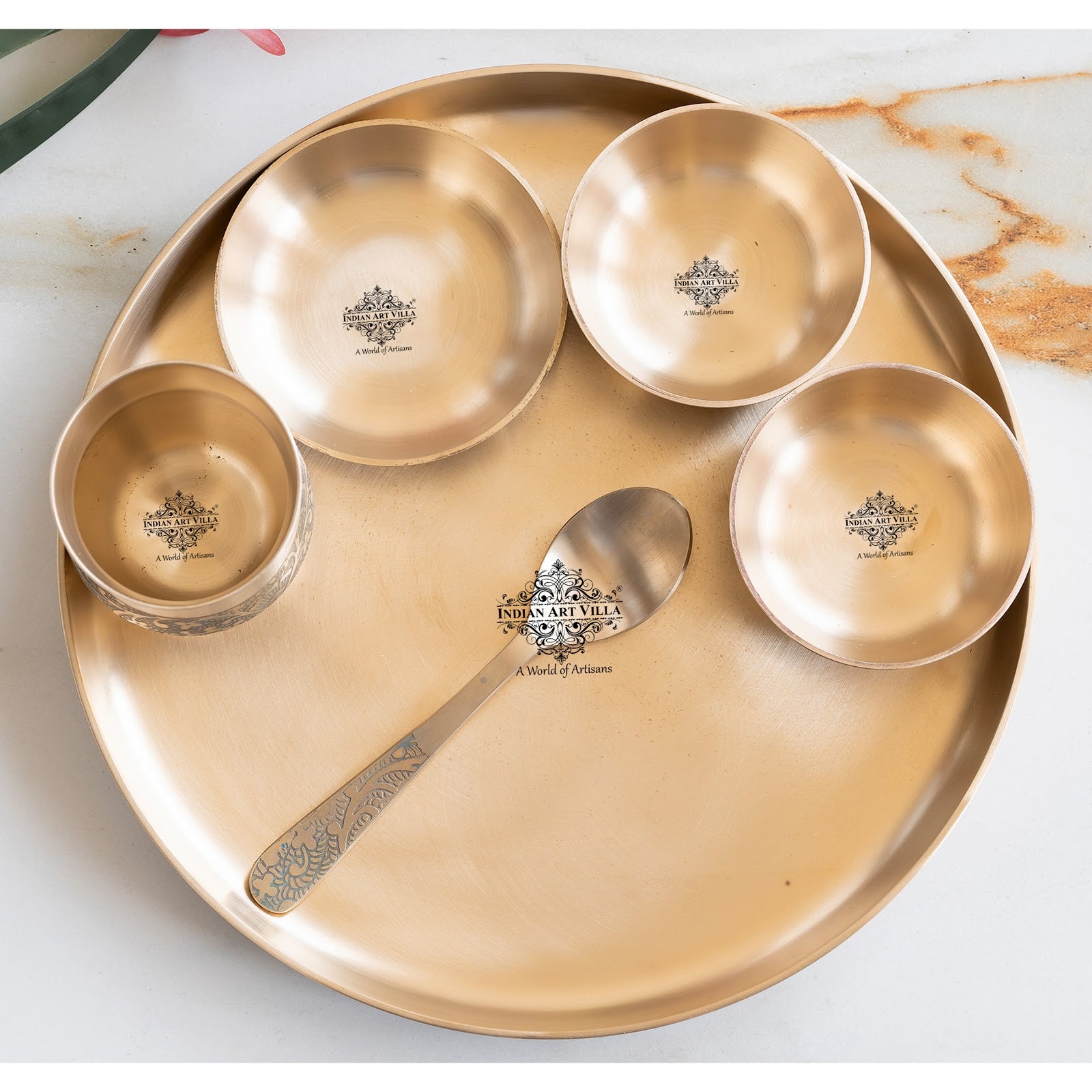 Pure Bronze Thali Set | 6 Pieces Dinner Set With Embossed Design