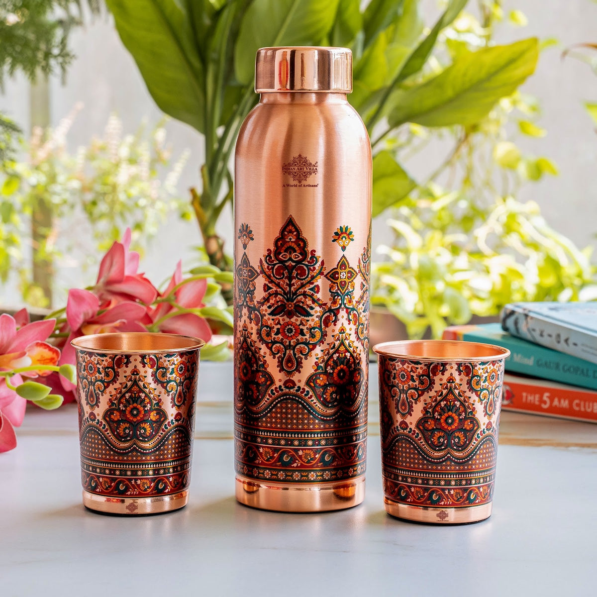 Pure Copper Madhubani Print Bottle & 2 Glass Gift Set – 940 ML