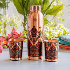 Pure Copper Madhubani Print Bottle & 2 Glass Gift Set – 940 ML