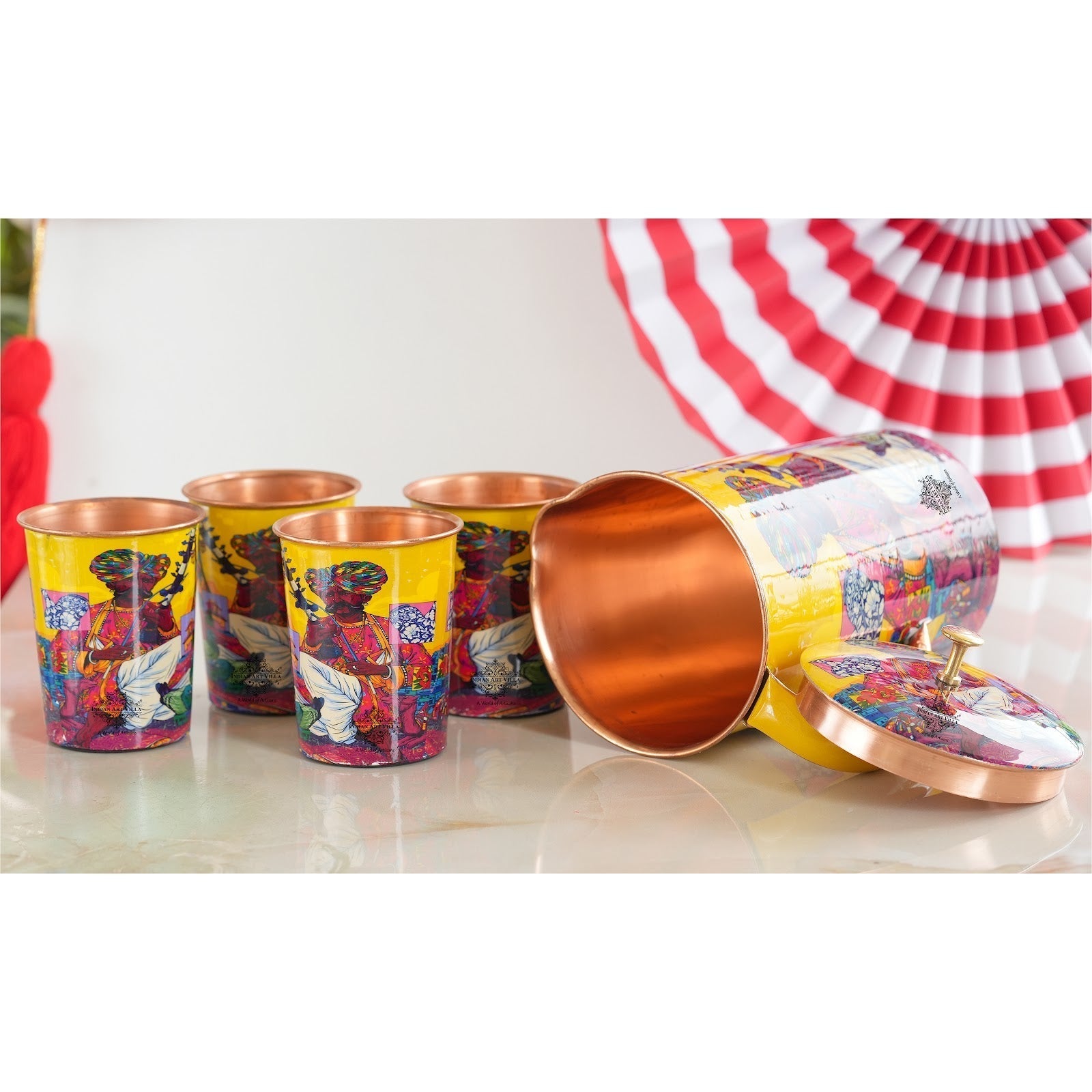 Pure Copper Printed Padharo Mhare Desh Jug & Glass Gift Set