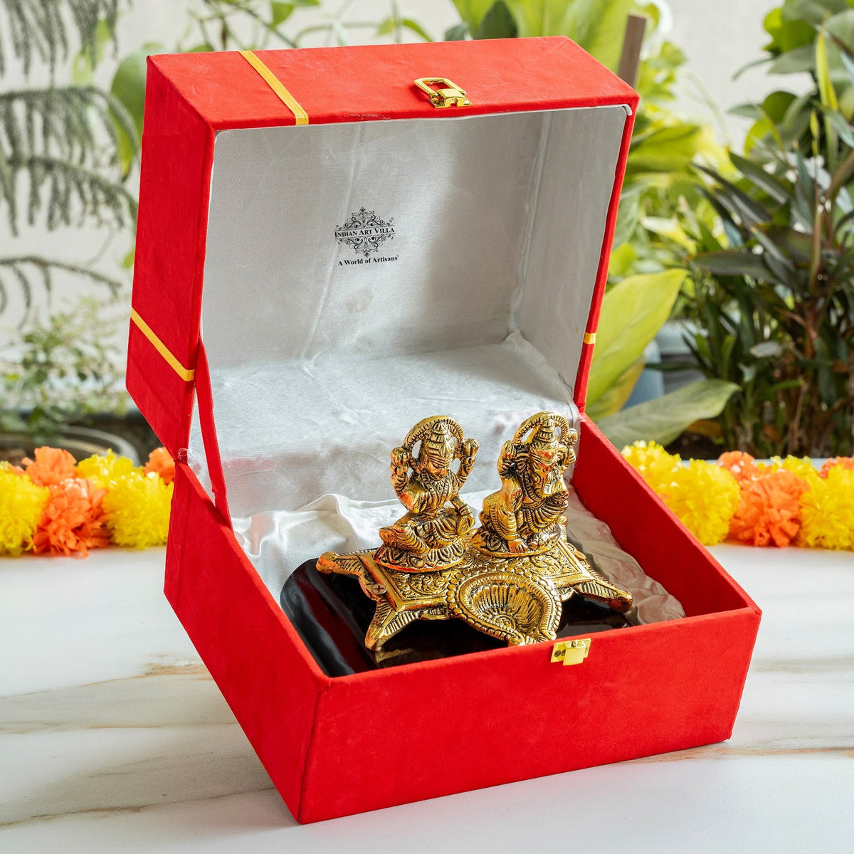 Brass Finish Ganesh Ji With Laxmi JI Murti with Wooden Base
