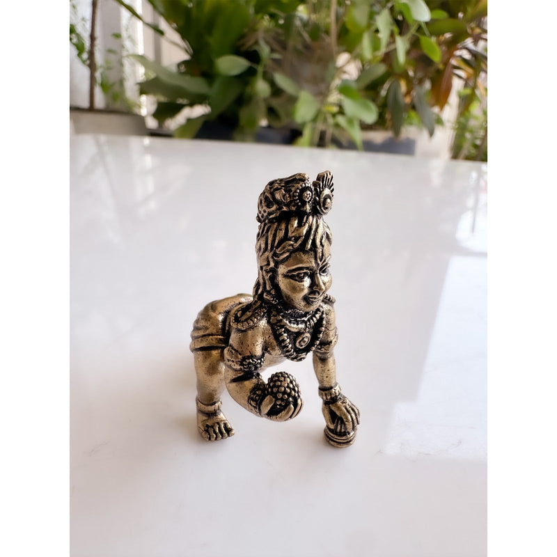 Pure Brass Miniature Laddu Gopal Krishna Ji Crawling Murti for Home Pooja