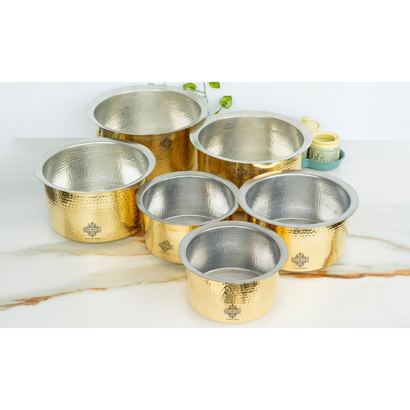 Pure Brass Cooking Pot with Lid Tin Lining & Hammered Design