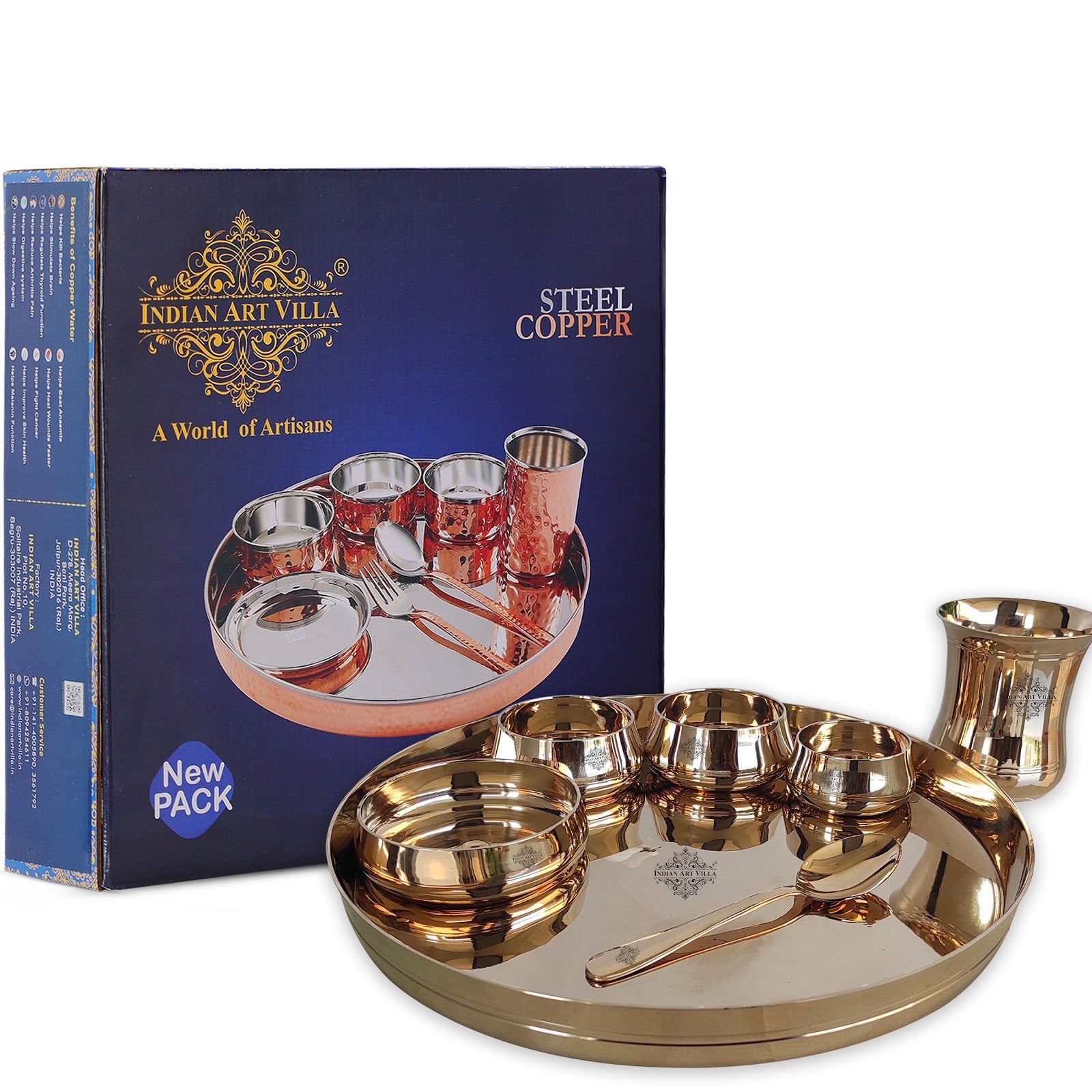 Handcrafted Pure Bronze Curve Shaped 7 Pieces Dinner Set | Thali Set with  Mirror Shine Finish