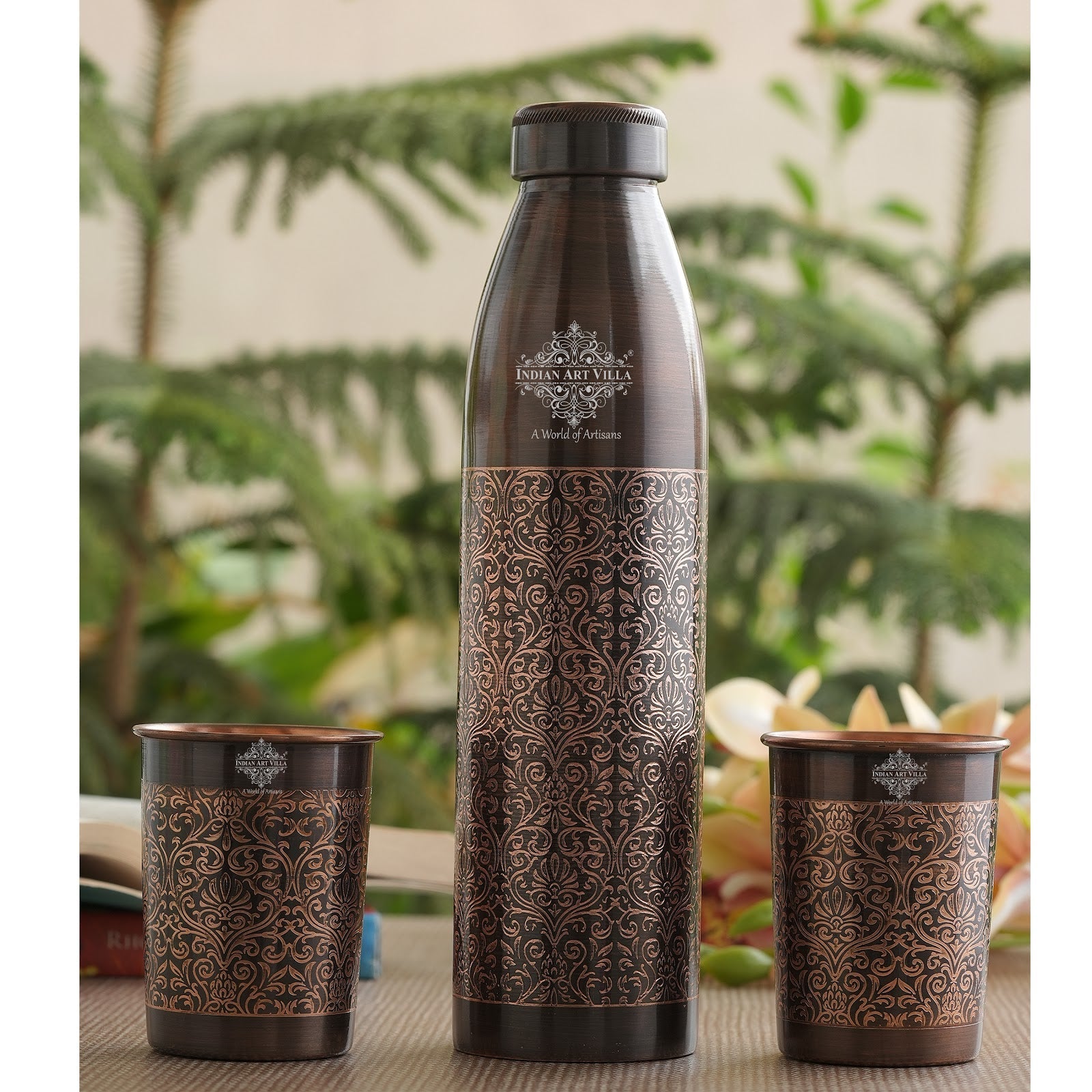 Pure Copper Antique Finished Embossed Design Bottle With Glass Set