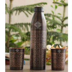 Pure Copper Antique Finished Embossed Design Bottle With Glass Set
