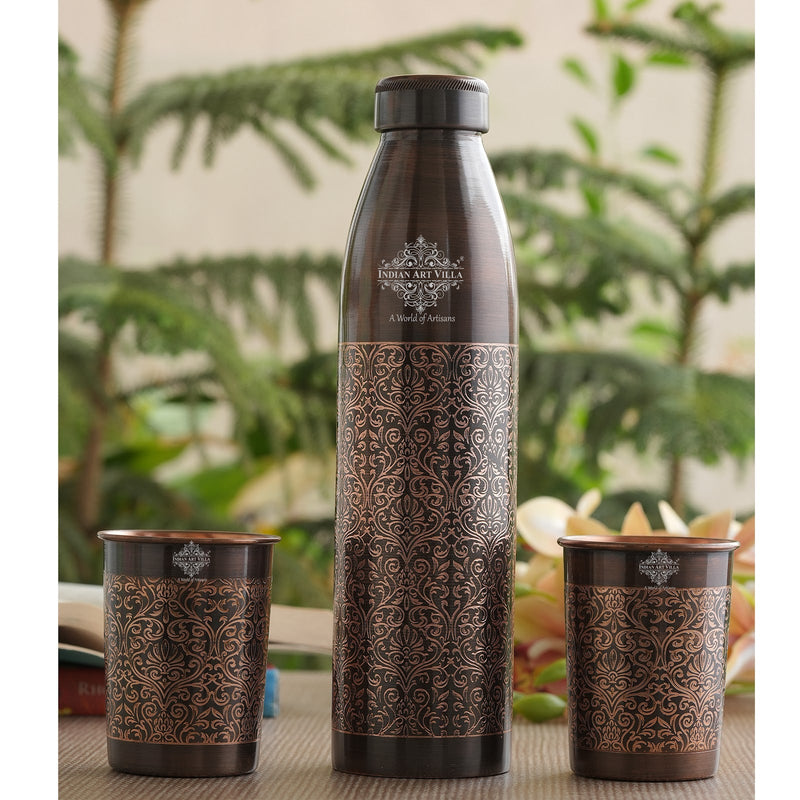 Pure Copper Antique Finished Embossed Design Bottle With Glass Set
