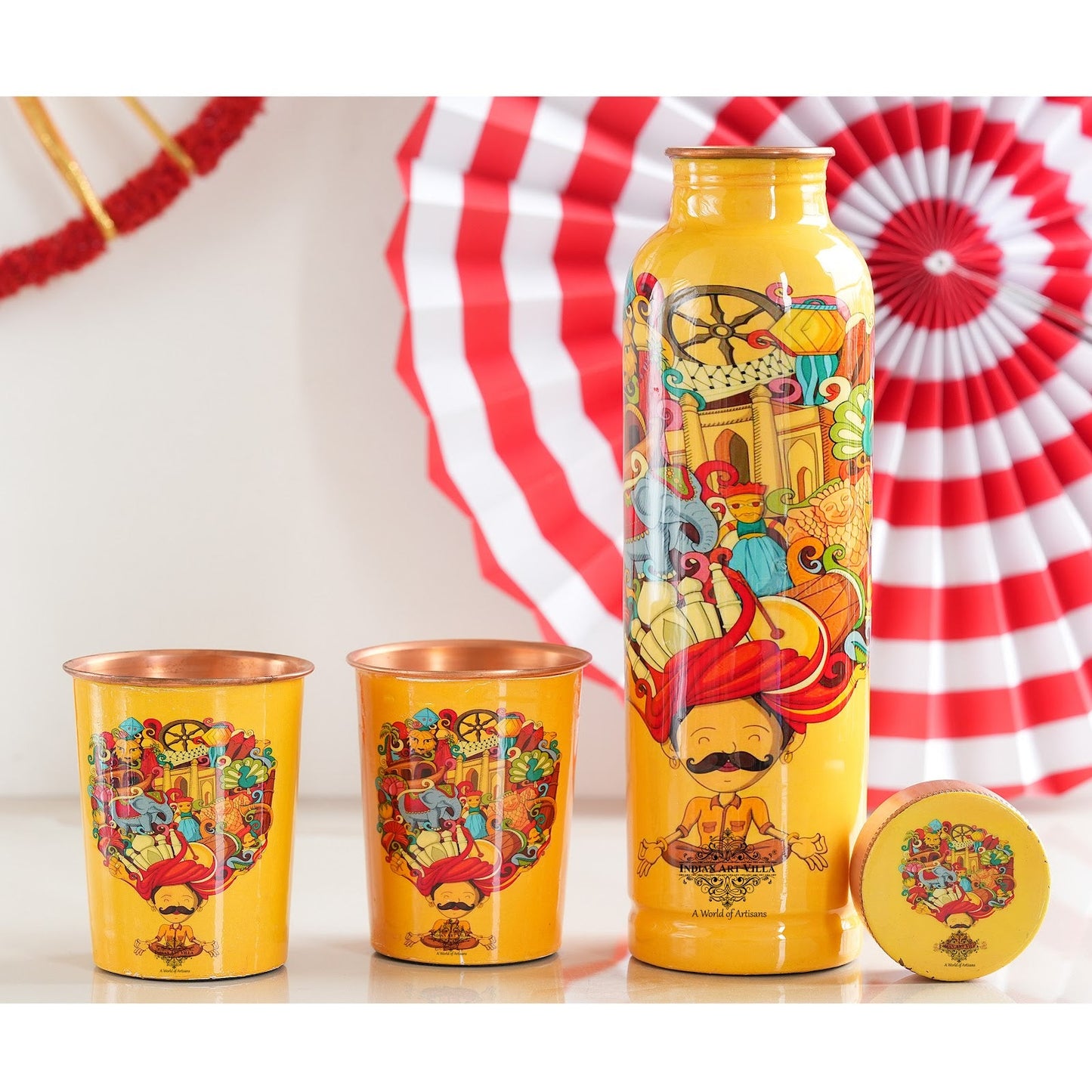 Rajasthani Meena "Padharo Mhare Desh" Printed Copper Bottle & Glass Set