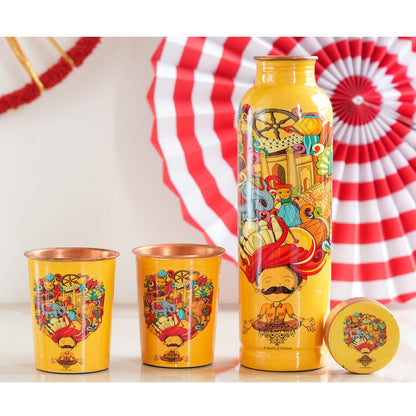 Rajasthani Meena "Padharo Mhare Desh" Printed Copper Bottle & Glass Set