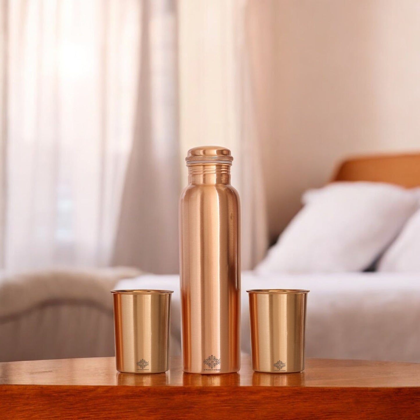 Pure Copper Matt Finish Lacquer Coated Water Bottle & 2 Glass
