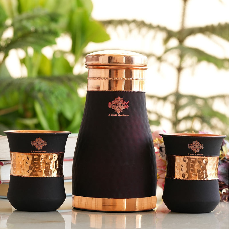 Pure Copper Bedroom Bottle with Two Copper Glasses - Silk Finish