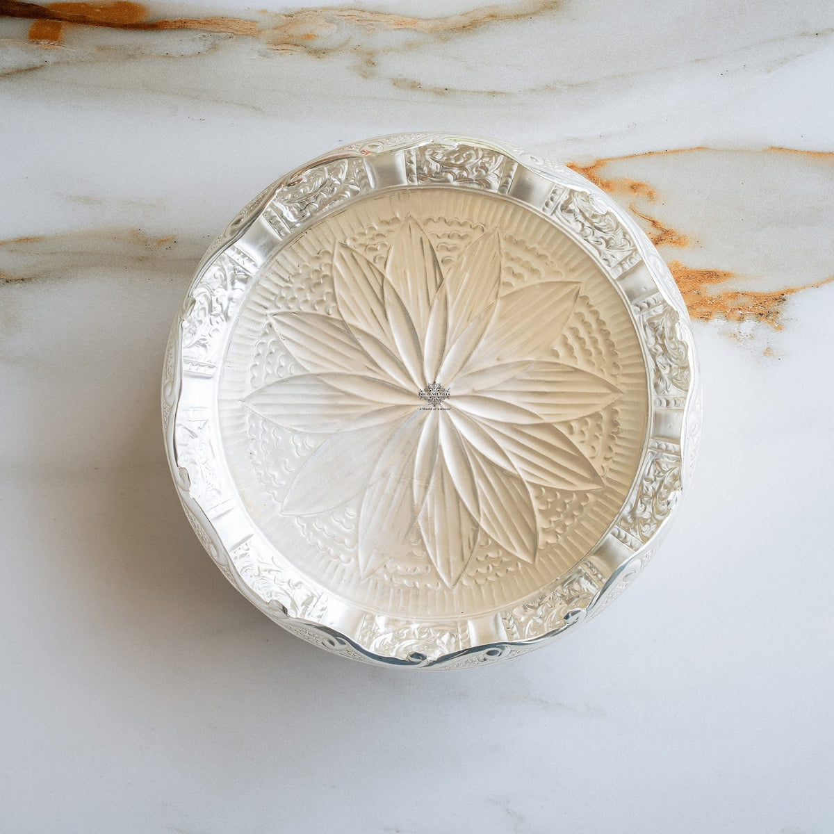 Silver Plated Embossed Scalloped Urli with Lotus Design For Home décor