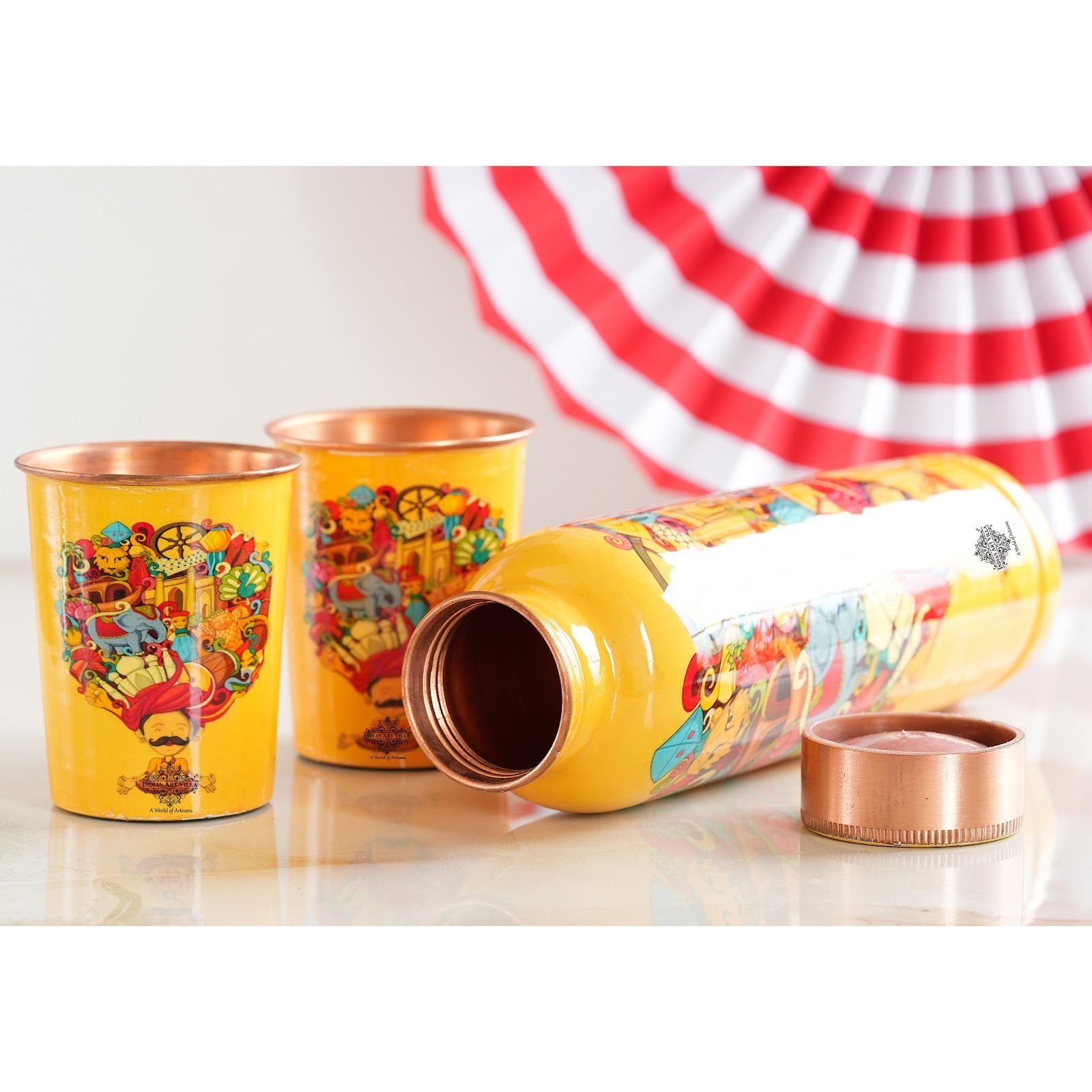 Rajasthani Meena "Padharo Mhare Desh" Printed Copper Bottle & Glass Set