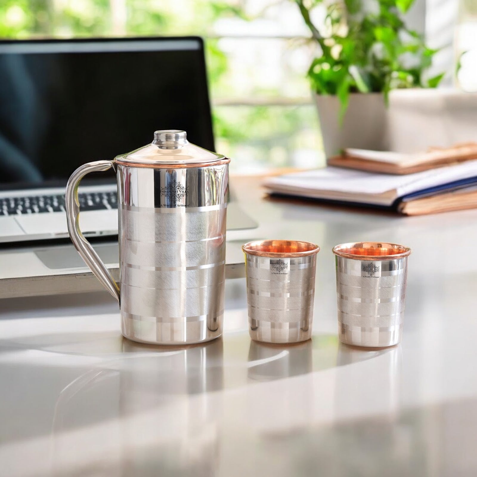 Handmade Pure Steel Copper Jug Pitcher With Glass Tumbler Gift Set