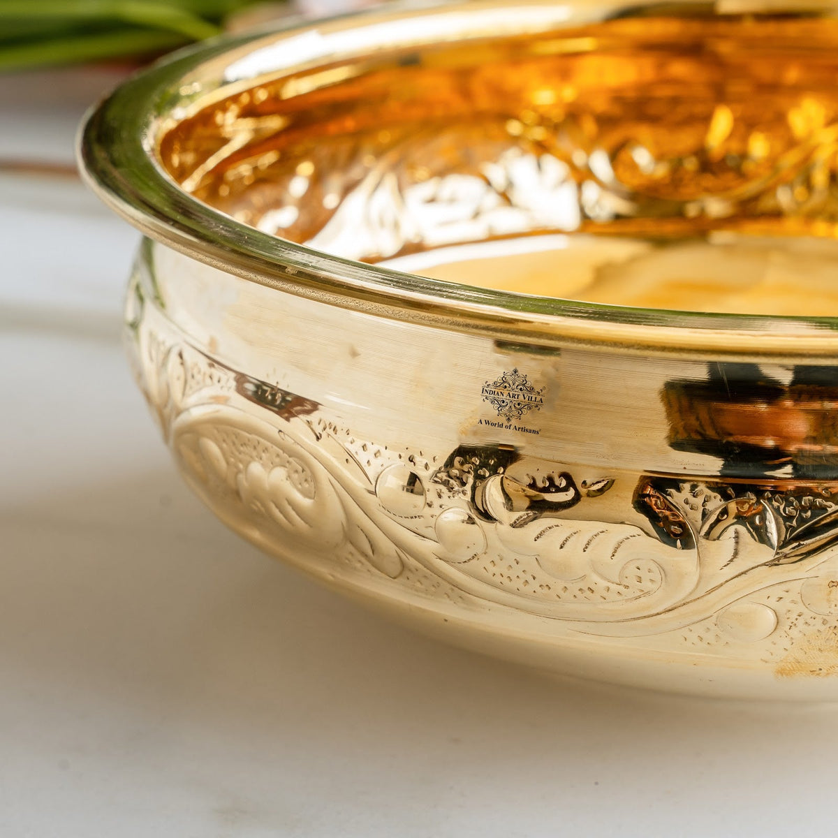 Handmade Pure Brass Urli with Floral Vine Border For Home Décor - 3300 ML