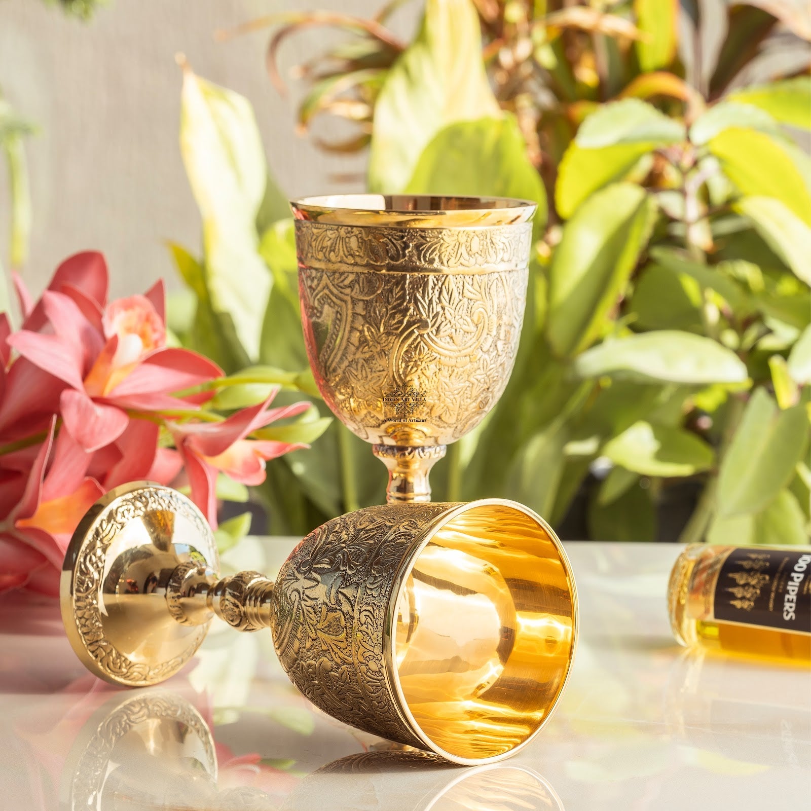 Embossed Brass Goblet Glass for Barware