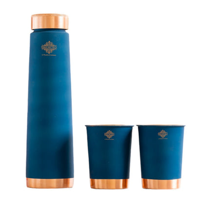 Pure Copper Bottle And Glass Set With Silk Finish Pyramid Design
