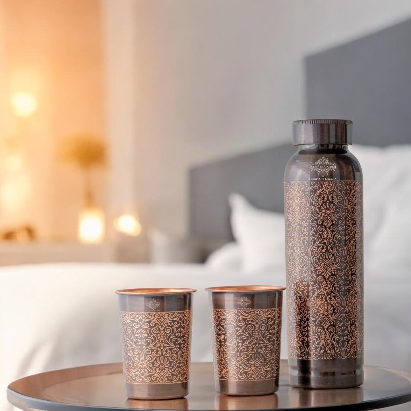 Antique Embossed Copper Bottle Gift Set – Includes 1 Designer Copper Bottle & 2 Matching Glasses | Ideal for Daily Use, Ayurvedic Health Benefits, Office Desk, Home Décor & Festive Gifting-1450 ML