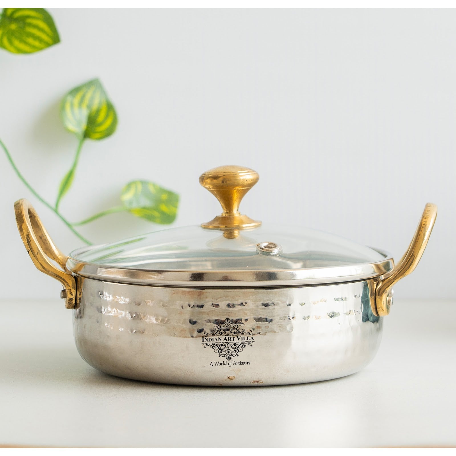 Stainless Steel Hammered Sauce Pan/Bowl with Brass Handles and Glass Lid, Ideal for Sauces, Soups, Gravies, and Cooking