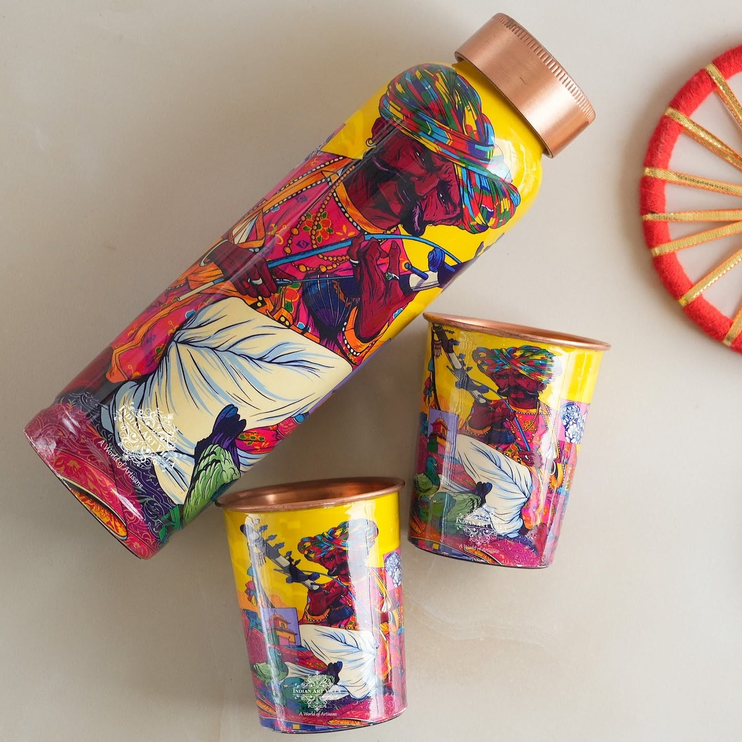 Rajasthani Meena "Padharo Mhare Desh" Printed Copper Bottle & Glass Set