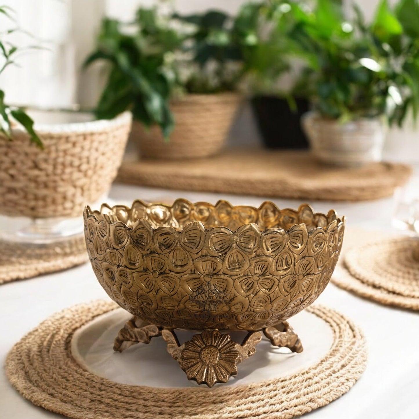 Brass Decorative Floral Embossed Fruit Bowl – 7.9 Inch, 1550 ML Golden Finish Brass Bowl with Pedestal, Handmade Serving & Display Bowl for Dry Fruits, Snacks, Fruits, Table Décor, and Gifting