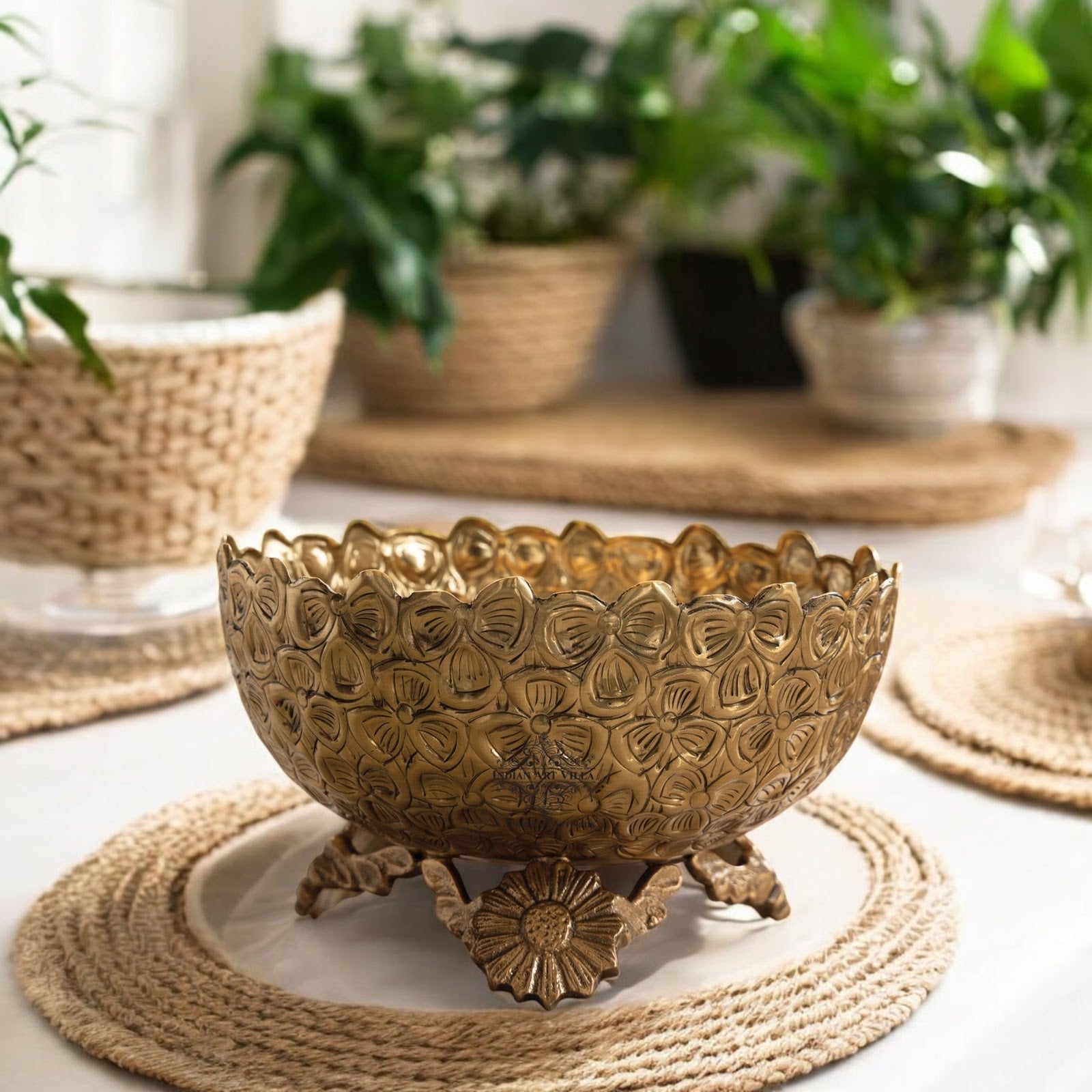 Brass Decorative Floral Embossed Fruit Bowl – 7.9 Inch, 1550 ML Golden Finish Brass Bowl with Pedestal, Handmade Serving & Display Bowl for Dry Fruits, Snacks, Fruits, Table Décor, and Gifting