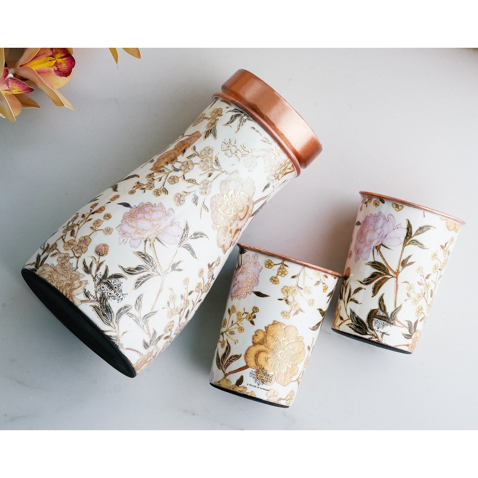 Copper Gold Printed Bedroom Bottle with 2 Glass Set – 900 ML Bottle & 300 ML Glass