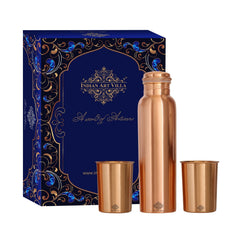 Pure Copper Matt Finish Lacquer Coated Water Bottle & 2 Glass