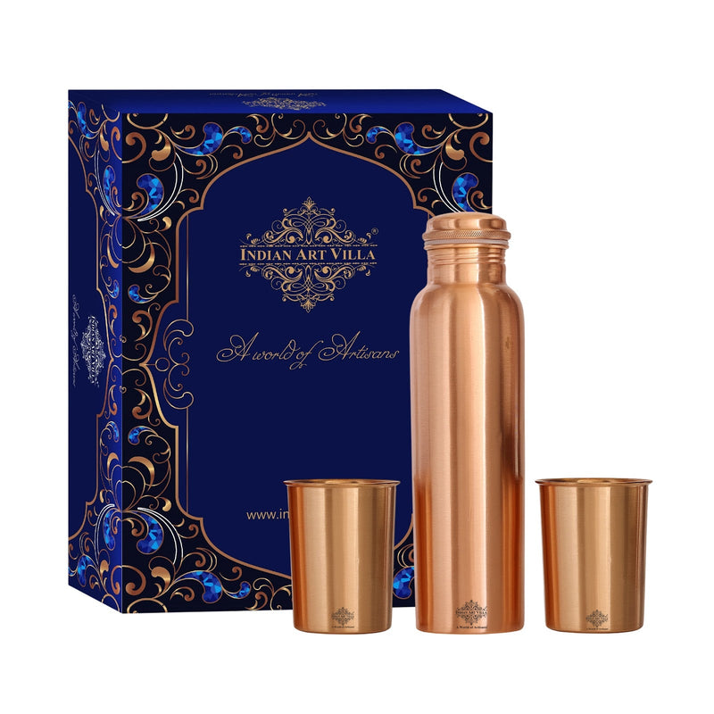 Pure Copper Matt Finish Lacquer Coated Water Bottle & 2 Glass