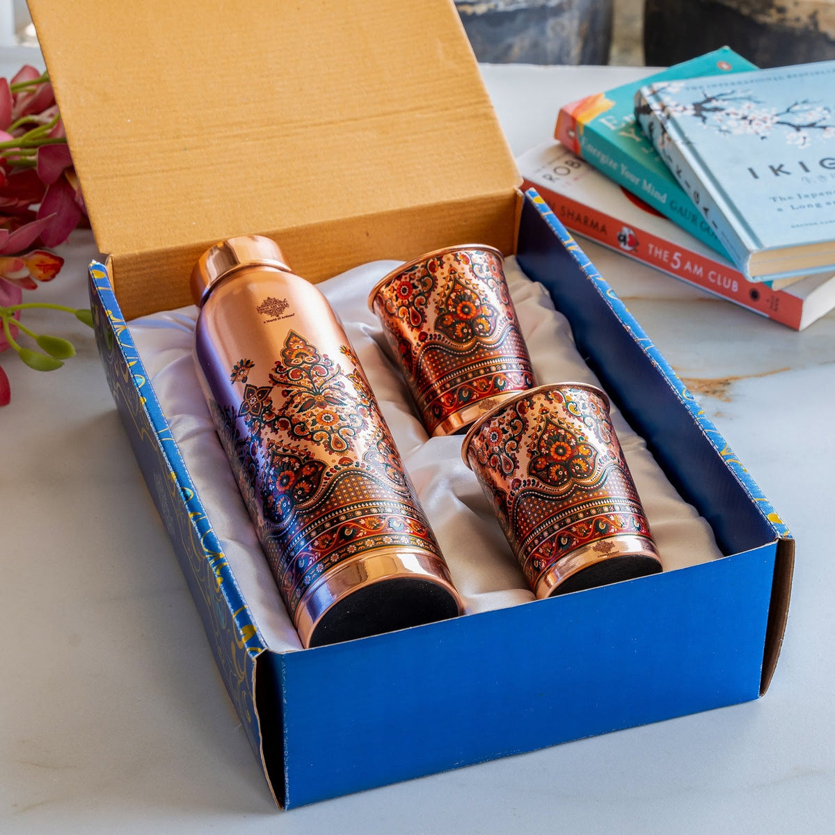 Pure Copper Madhubani Print Bottle & 2 Glass Gift Set – 940 ML