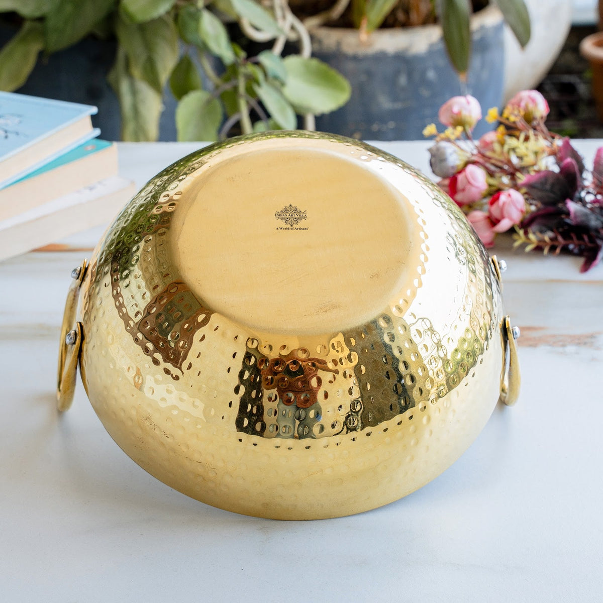 Brass Kadhai With Hammered Design, Tin Lining & Brass Handles