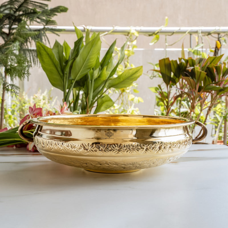 Pure Brass Large Urli with Floral Vine Border for Home Décor