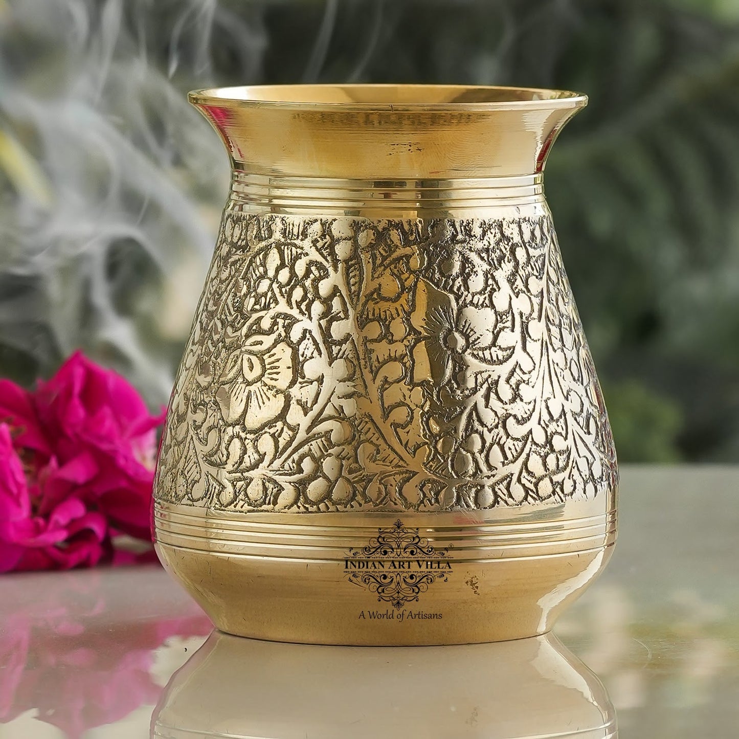 Pure Brass Glass Parsi Lota Embossed Design, Spiritual Item