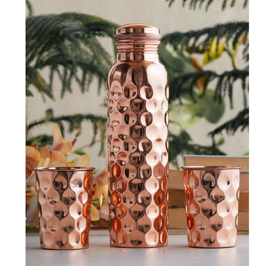 Set of Pure Copper Diamond Hammered Leak Proof Water Bottle & Two Glasses with a Gift Box, Drinkware
