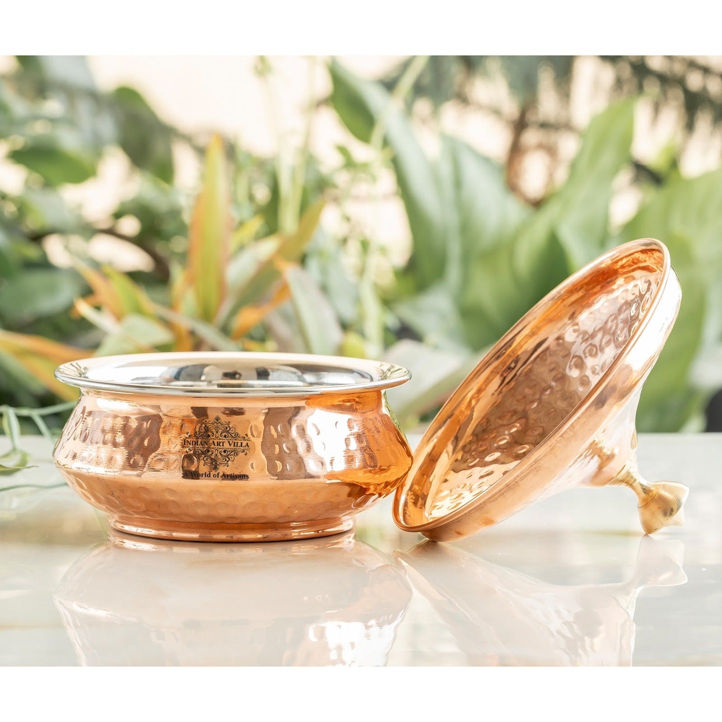 Steel Copper Mughlai Handi with Copper Lid and Brass Knob, 330 ML & 1350 ML – Hammered Design Serveware, Perfect for Home & Restaurant Use