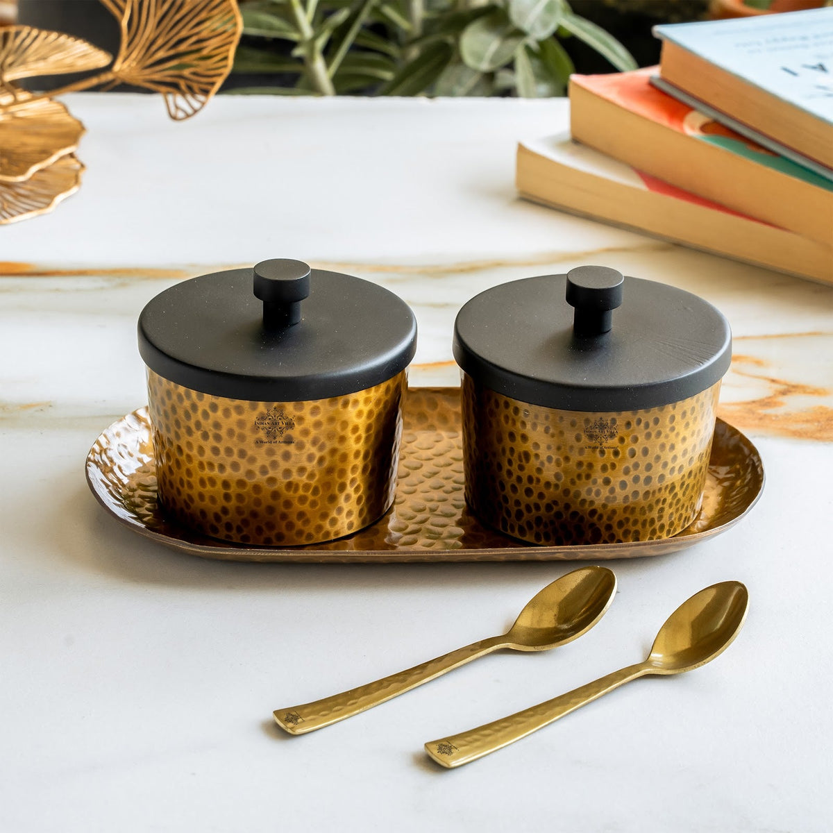 Antique Hammered Brass Finish Condiment Bowl Set of 2 with Lid & Spoon