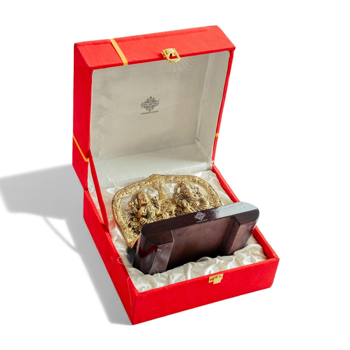 Brass Finish Ganesh Ji With Laxmi JI Murti with Wooden Base