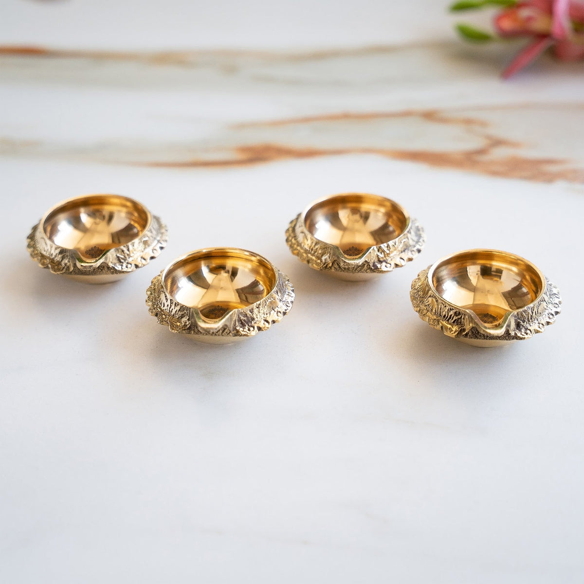Brass Diya Set of 4 with Embossed Design & Shine Finish