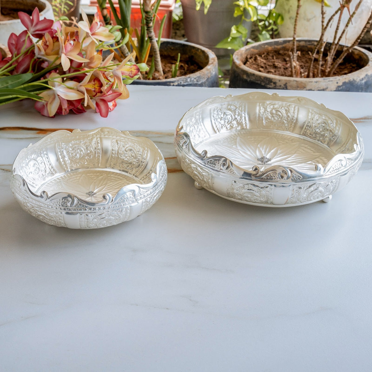 Silver Plated Embossed Scalloped Urli with Lotus Design For Home décor