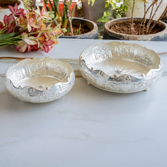 Silver Plated Embossed Scalloped Urli with Lotus Design For Home décor