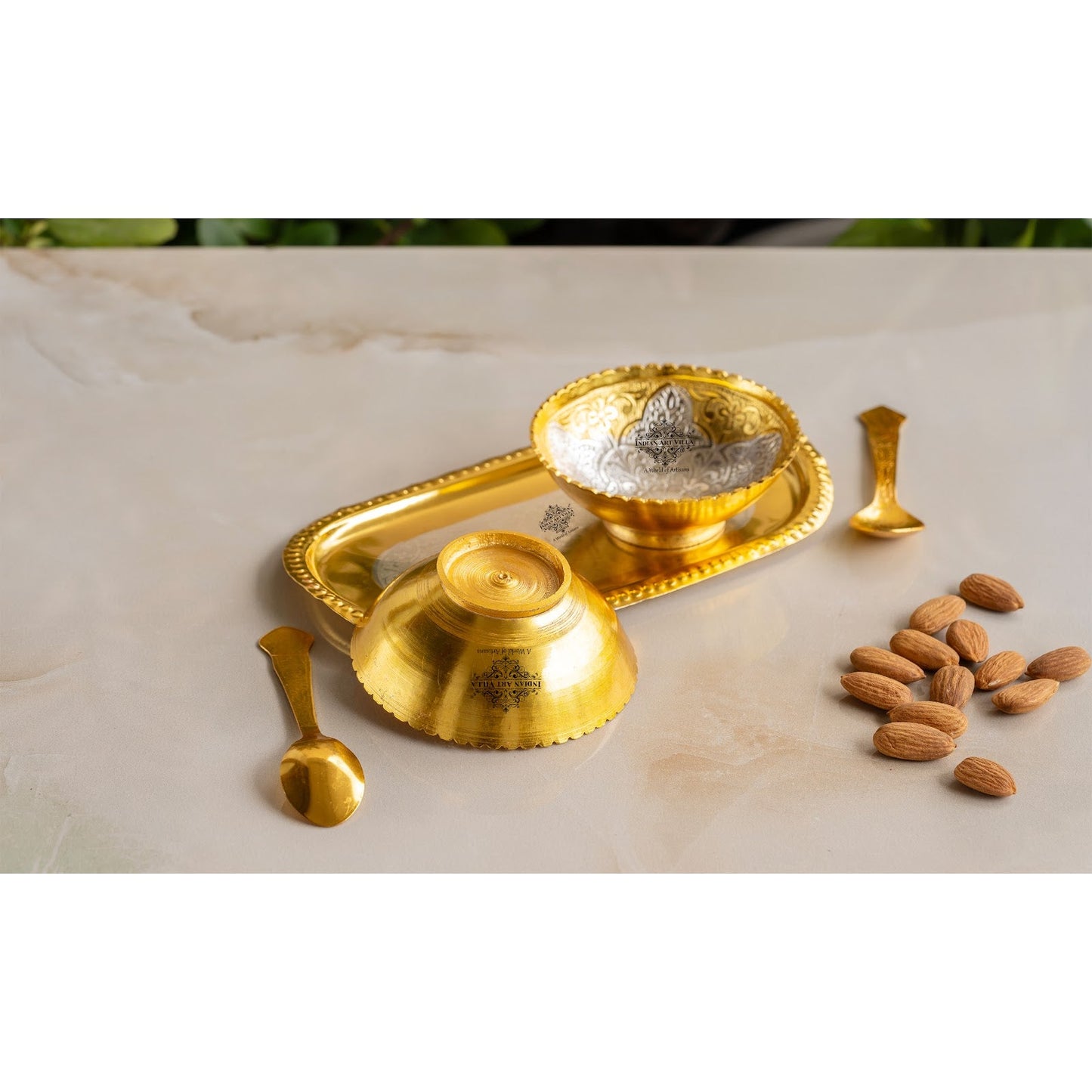 Silver Plated Gold Polished Embossed Floral Design 2 Bowl Set With 2 Spoons & 1 Tray