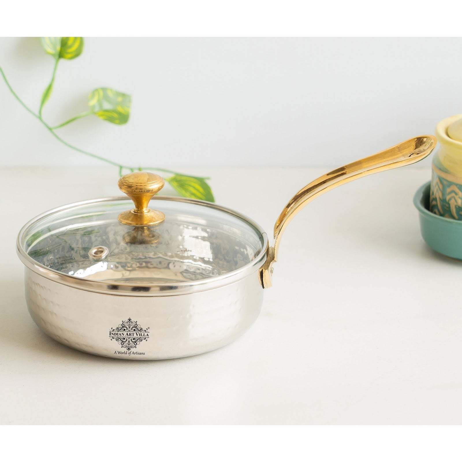 Stainless Steel Hammered Serving Fry Pan with Brass Handle and Glass Lid