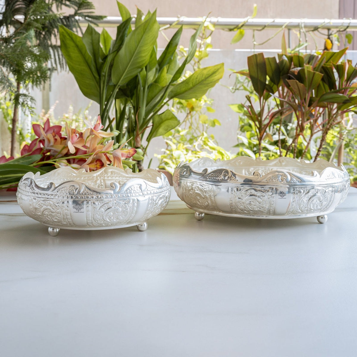 Silver Plated Embossed Scalloped Urli with Lotus Design For Home décor