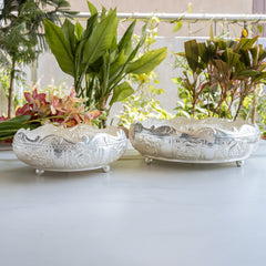Silver Plated Embossed Scalloped Urli with Lotus Design For Home décor