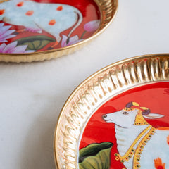 Brass Pooja Thali with Pichwai Cow Print - 17.78 CM