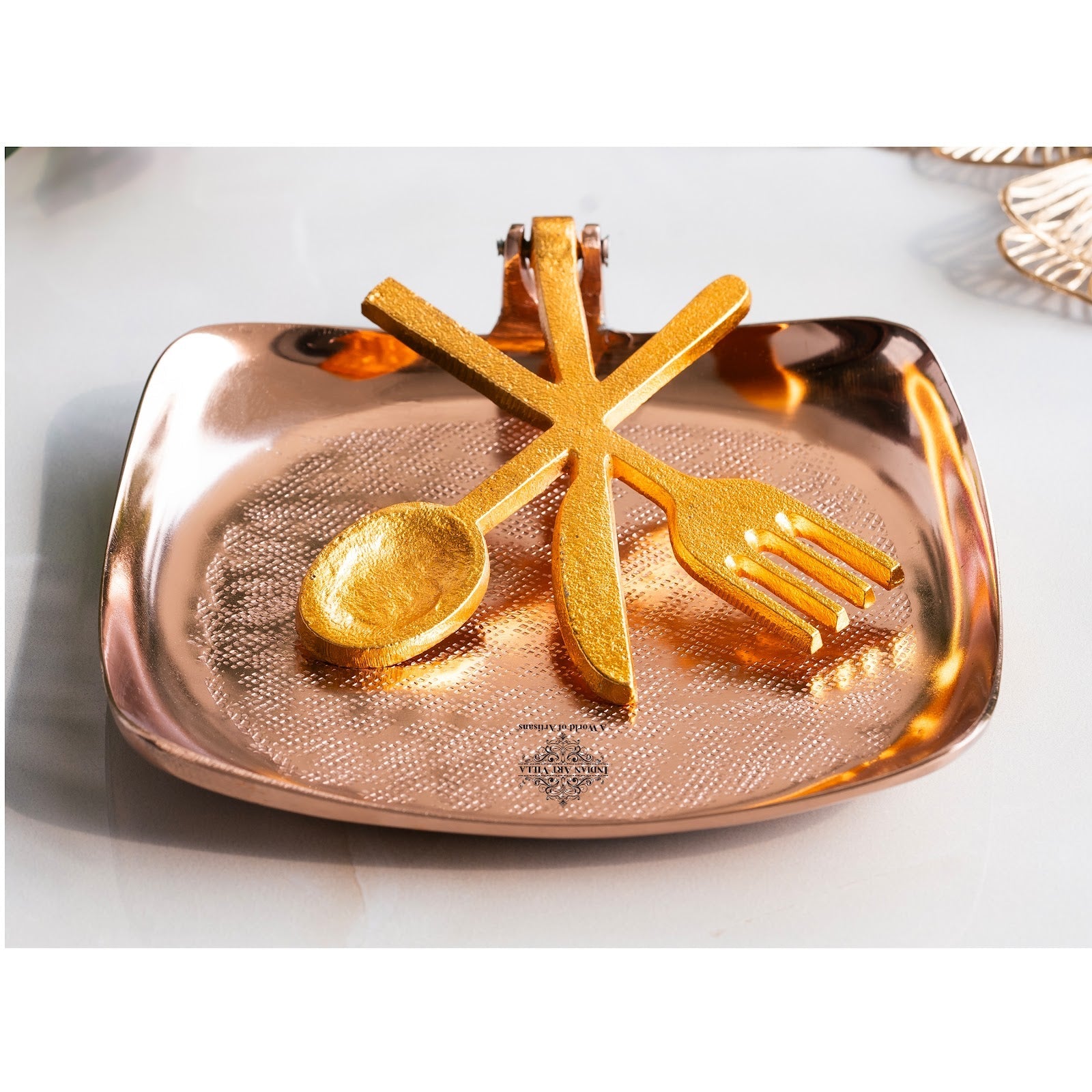 Brass and Copper Finish Napkin Holder with Golden Cutlery Design – Elegant Table Accessory for Dining, Kitchen, Office, and Gifting